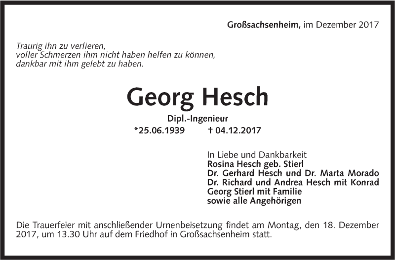  Traueranzeige für Georg Hesch vom 14.12.2017 aus SÜDWEST PRESSE