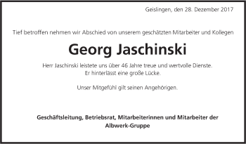 Traueranzeige von Georg Jaschinski von Geislinger Zeitung