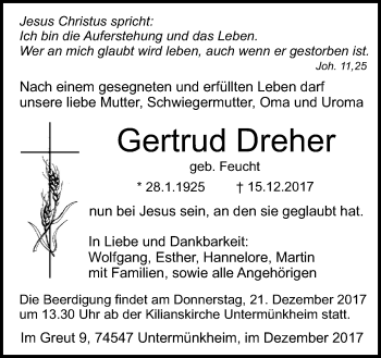 Traueranzeige von Gertrud Dreher von Haller Tagblatt