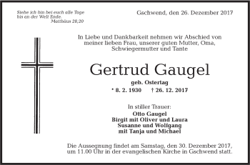 Traueranzeige von Gertrud Gaugel von Rundschau Gaildorf