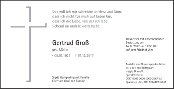 Traueranzeige von Gertrud Groß von SÜDWEST PRESSE Ausgabe Ulm/Neu-Ulm