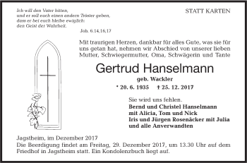 Traueranzeige von Gertrud Hanselmann von Hohenloher Tagblatt