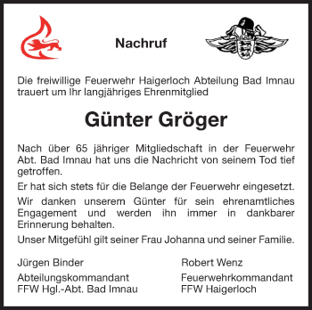 Traueranzeige von Günter Gröger von Hohenzollerische Zeitung