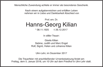 Traueranzeige von Hanns-Georg Kilian von SÜDWEST PRESSE Ausgabe Ulm/Neu-Ulm