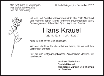 Traueranzeige von Hans Krauel von Geislinger Zeitung