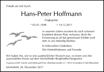 Traueranzeige von Hans-Peter Hoffmann von Haller Tagblatt