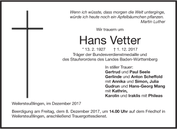 Traueranzeige von Hans Vetter von SÜDWEST PRESSE Ausgabe Ulm/Neu-Ulm