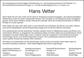 Traueranzeige von Hans Vetter von SÜDWEST PRESSE Ausgabe Ulm/Neu-Ulm