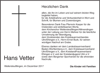 Traueranzeige von Hans Vetter von SÜDWEST PRESSE Ausgabe Ulm/Neu-Ulm