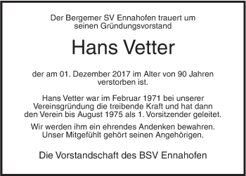 Traueranzeige von Hans Vetter von Ehinger Tagblatt