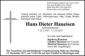 Traueranzeige von Hans Dieter Haueisen von SÜDWEST PRESSE Ausgabe Ulm/Neu-Ulm