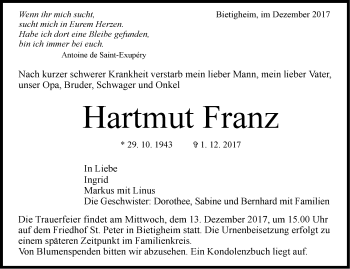 Traueranzeige von Hartmut Franz von SÜDWEST PRESSE