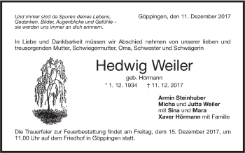 Traueranzeige von Hedwig Weiler von NWZ Neue Württembergische Zeitung