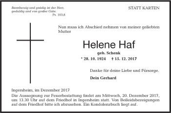 Traueranzeige von Helene Haf von Hohenloher Tagblatt