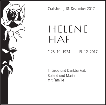 Traueranzeige von Helene Haf von Hohenloher Tagblatt