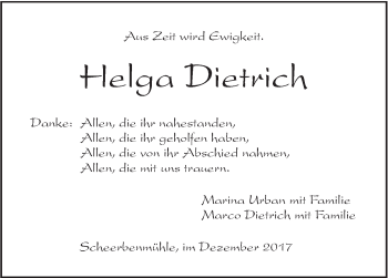 Traueranzeige von Helga Dietrich von Haller Tagblatt