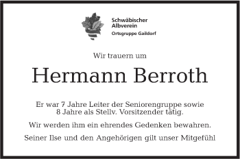 Traueranzeige von Hermann Berroth von Rundschau Gaildorf