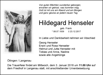 Traueranzeige von Hildegard Henseler von SÜDWEST PRESSE Ausgabe Ulm/Neu-Ulm