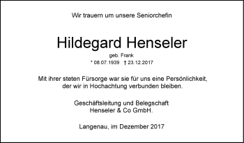 Traueranzeige von Hildegard Henseler von SÜDWEST PRESSE Ausgabe Ulm/Neu-Ulm