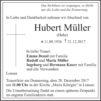 Traueranzeige von Hubert Müller von SÜDWEST PRESSE Ausgabe Ulm/Neu-Ulm