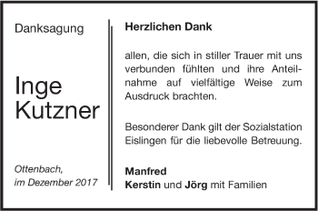 Traueranzeige von Inge Kutzner von NWZ Neue Württembergische Zeitung