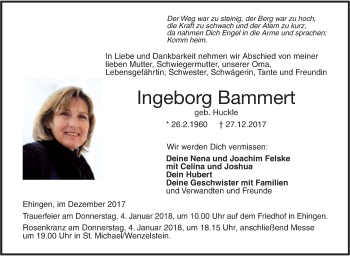 Traueranzeige von Ingeborg Bammert von Ehinger Tagblatt