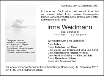 Traueranzeige von Irma Weidmann von NWZ Neue Württembergische Zeitung