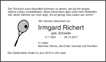 Traueranzeige von Irmgard Richert von SÜDWEST PRESSE Ausgabe Ulm/Neu-Ulm