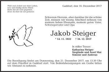 Traueranzeige von Jakob Steiger von Rundschau Gaildorf