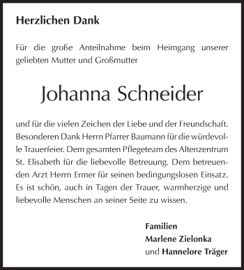 Traueranzeige von Johanna Schneider von SÜDWEST PRESSE