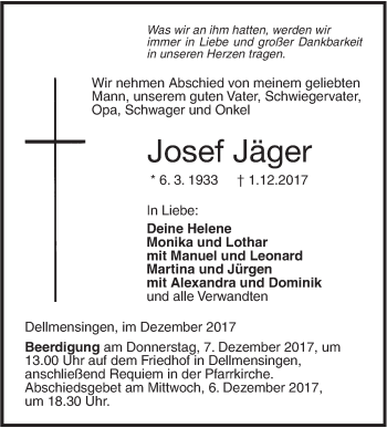 Traueranzeige von Josef Jäger von SÜDWEST PRESSE Ausgabe Ulm/Neu-Ulm