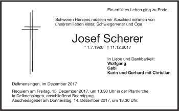 Traueranzeige von Josef Scherer von SÜDWEST PRESSE Ausgabe Ulm/Neu-Ulm