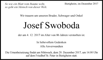 Traueranzeige von Josef Swoboda von SÜDWEST PRESSE