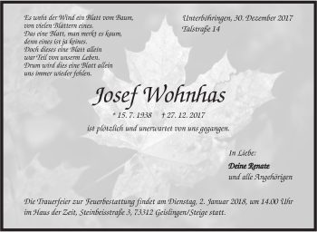 Traueranzeige von Josef Wohnhas von Geislinger Zeitung