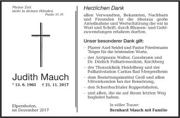 Traueranzeige von Judith Mauch von Hohenloher Tagblatt