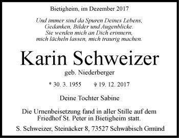 Traueranzeige von Karin Schweizer von SÜDWEST PRESSE