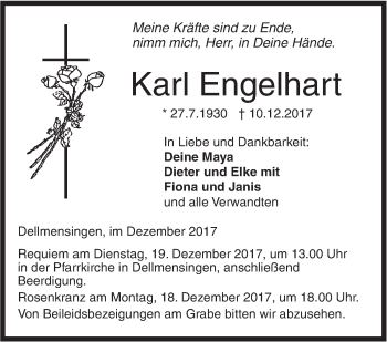 Traueranzeige von Karl Engelhart von SÜDWEST PRESSE Ausgabe Ulm/Neu-Ulm