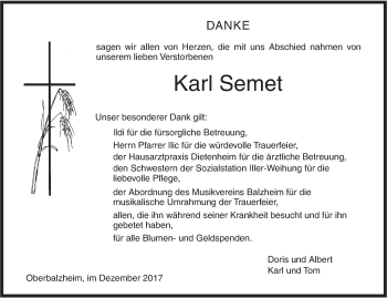 Traueranzeige von Karl Semet von Illertal Bote