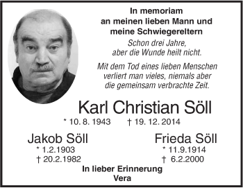 Traueranzeige von Karl Christian, Jakob und Frieda Söll von SÜDWEST PRESSE