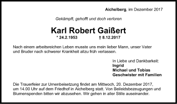 Traueranzeige von Karl Robert Gaißert von NWZ Neue Württembergische Zeitung