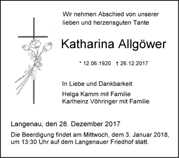 Traueranzeige von Katharina Allgöwer von SÜDWEST PRESSE Ausgabe Ulm/Neu-Ulm