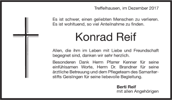 Traueranzeige von Konrad Reif von Geislinger Zeitung