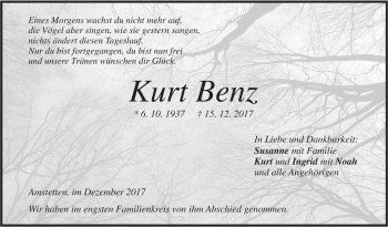 Traueranzeige von Kurt Benz von Geislinger Zeitung