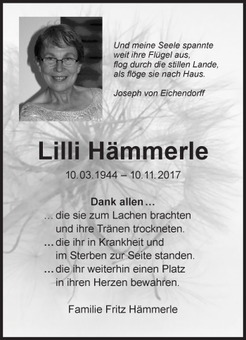 Traueranzeige von Lilli Hämmerle von SÜDWEST PRESSE