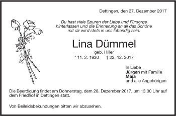 Traueranzeige von Lina Dümmel von Metzinger-Uracher Volksblatt