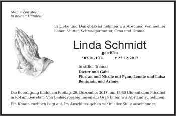 Traueranzeige von Linda Schmidt von Hohenloher Tagblatt