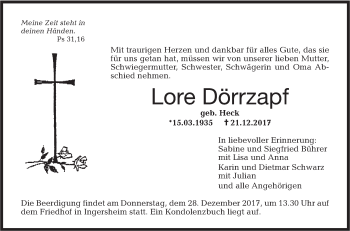 Traueranzeige von Lore Dörrzapf von Hohenloher Tagblatt