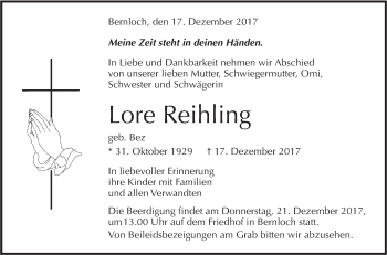 Traueranzeige von Lore Reihling von Alb-Bote/Metzinger-Uracher Volksblatt