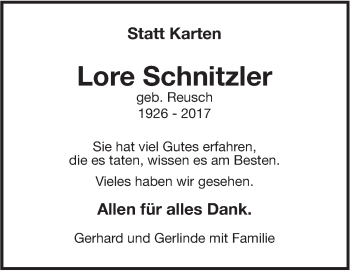 Traueranzeige von Lore Schnitzler von Metzinger-Uracher Volksblatt