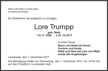 Traueranzeige von Lore Trumpp von Hohenloher Tagblatt